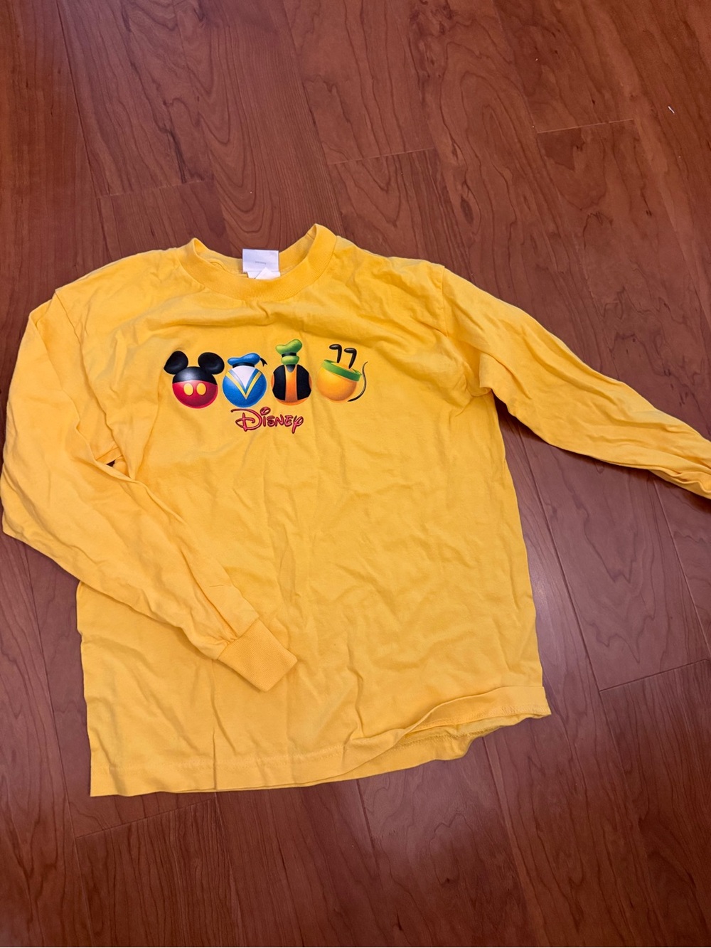 Disney Yellow Long Sleeve Tee with Colorful Character Icons